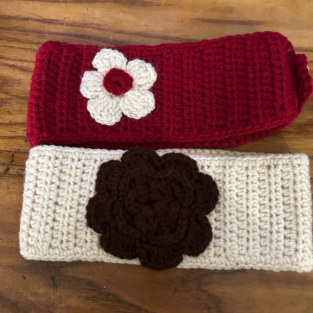 Custom Made handmade Crochet Ear Warmer Headband Set 2 OS Red Cream Flower boho